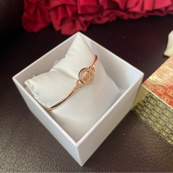 MICHAEL KORS Pave MK Logo Rose Gold Tone Bangle Bracelet MKJ6521792 - Picture 2 of 6